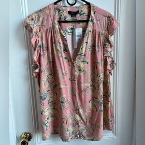 Sanctuary pink floral sleeveless blouse with split neck and flutter sleeve